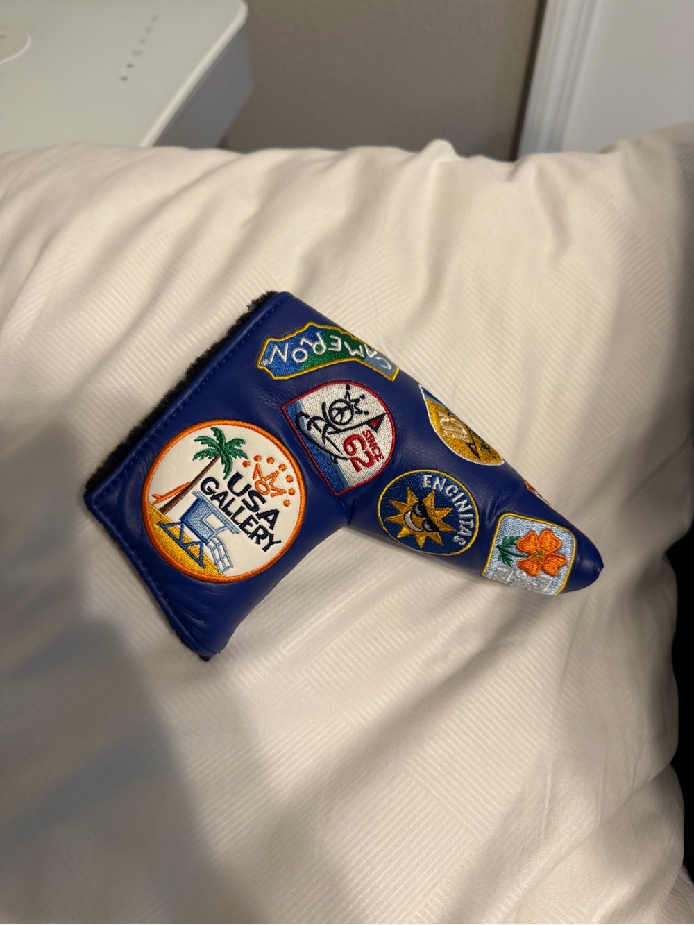 Scotty Cameron Blue Putter Headcover with Colorful Travel Patch Embroideries